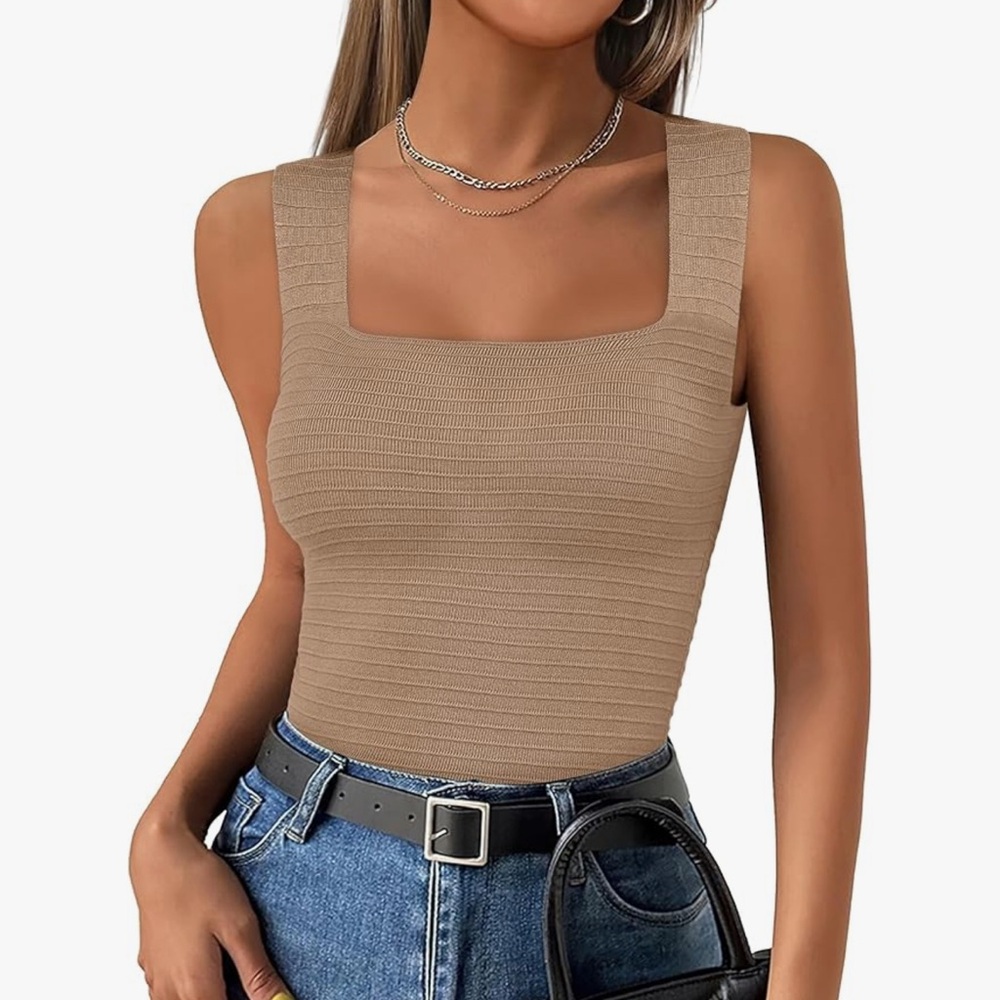 Summer Square Neck Rib Knit Sleeveless Basic Slim Fit Shirt